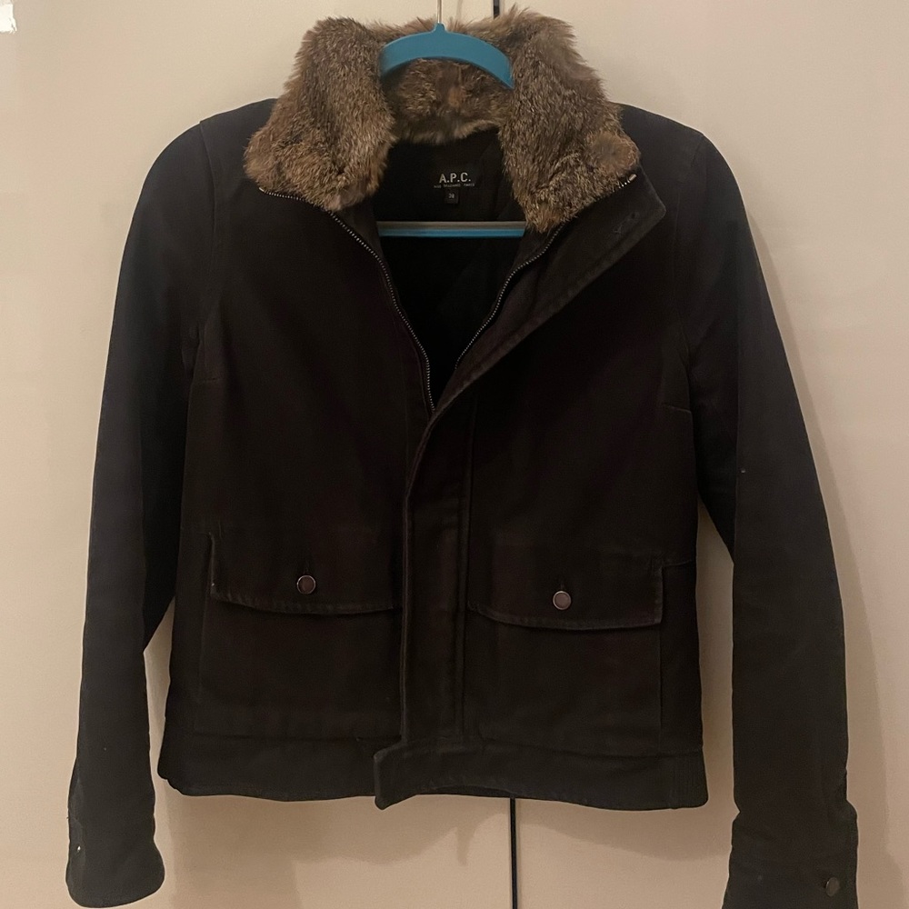 APC black denim jacket with removable fur collar